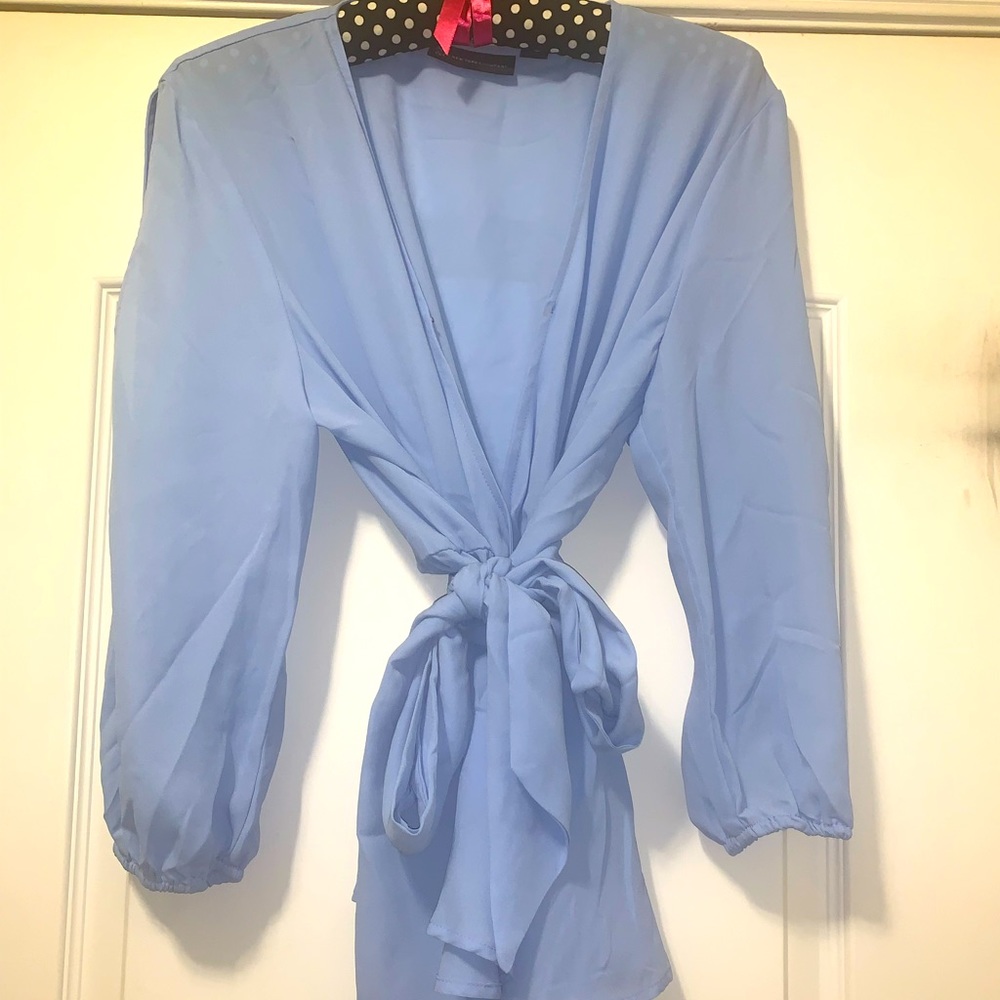 New York & Company Light Blue Tie-Front Blouse